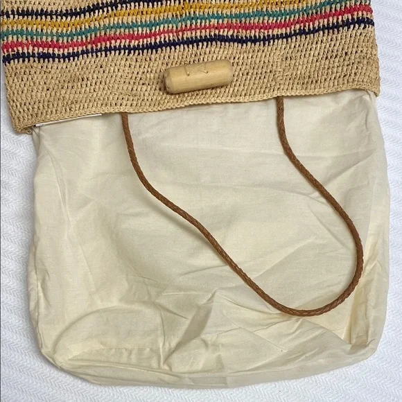 MAR Y SOL Tote Hampton Striped Raffia Toggle Closure Lined Leather Handles - Picture 4 of 11